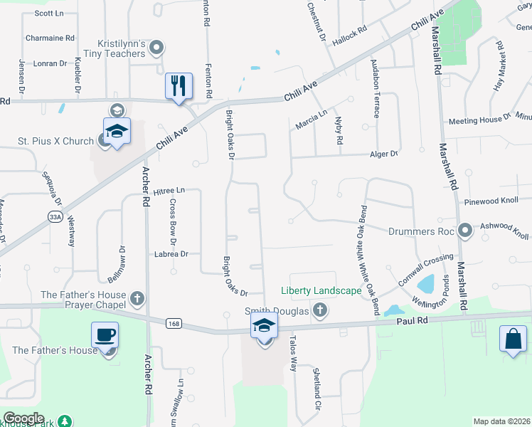 map of restaurants, bars, coffee shops, grocery stores, and more near 23 Red Bud Road in Rochester