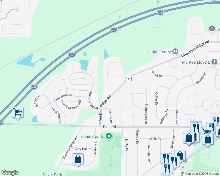 map of restaurants, bars, coffee shops, grocery stores, and more near 392 Chestnut Ridge Road in Rochester