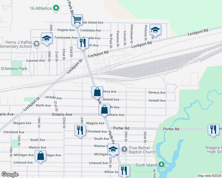 map of restaurants, bars, coffee shops, grocery stores, and more near 2556 Seneca Avenue in Niagara Falls