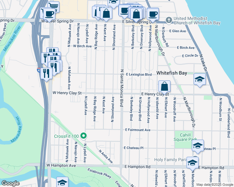 map of restaurants, bars, coffee shops, grocery stores, and more near 220 East Henry Clay Street in Whitefish Bay