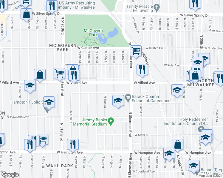 map of restaurants, bars, coffee shops, grocery stores, and more near 5177 North 45th Street in Milwaukee