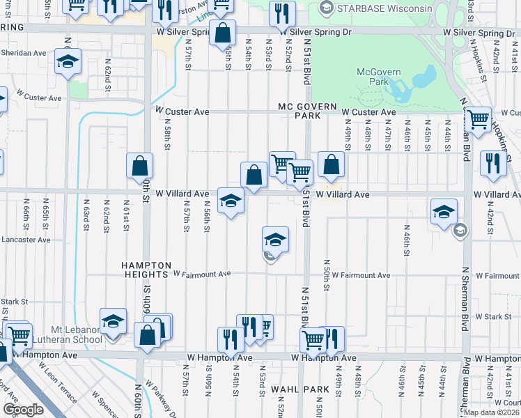 map of restaurants, bars, coffee shops, grocery stores, and more near 5158 North 54th Street in Milwaukee
