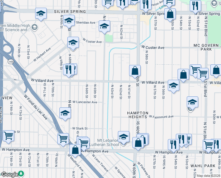 map of restaurants, bars, coffee shops, grocery stores, and more near 5175 North 63rd Street in Milwaukee