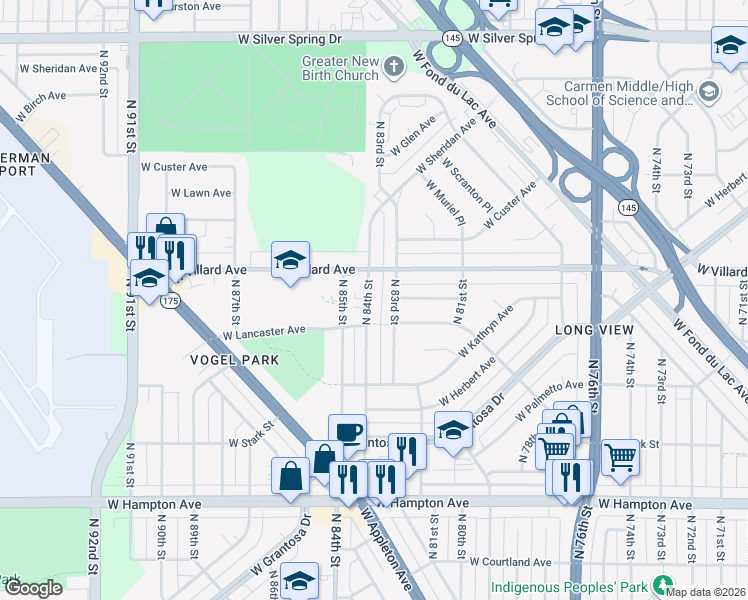 map of restaurants, bars, coffee shops, grocery stores, and more near 5144 North 84th Street in Milwaukee