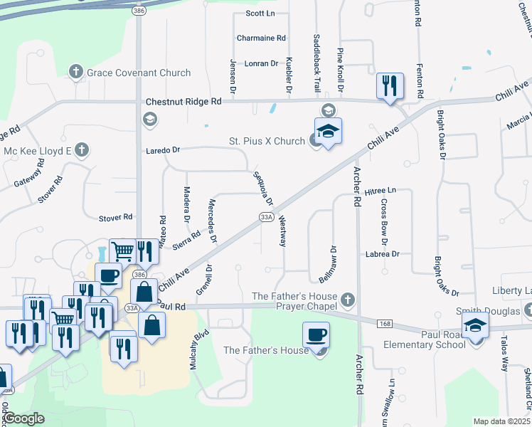 map of restaurants, bars, coffee shops, grocery stores, and more near 3058 Chili Avenue in Rochester