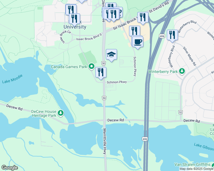 map of restaurants, bars, coffee shops, grocery stores, and more near 3250 Schmon Parkway in Thorold