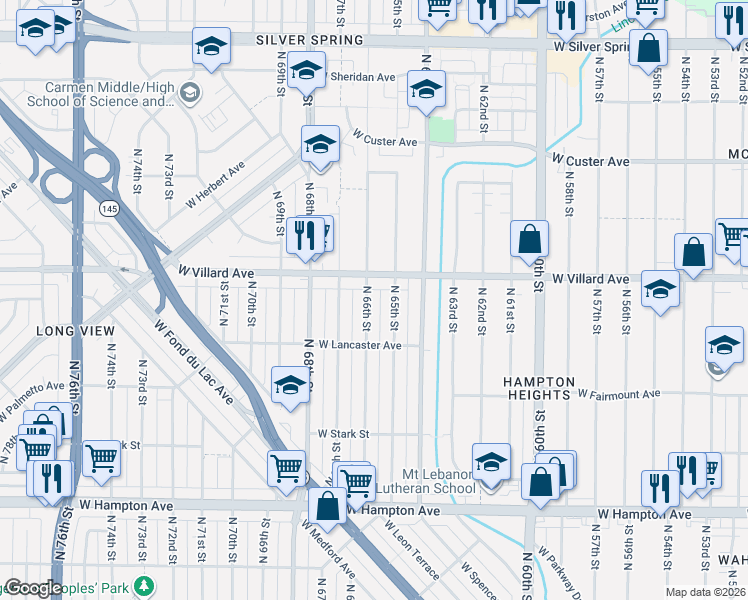 map of restaurants, bars, coffee shops, grocery stores, and more near 5171 North 65th Street in Milwaukee