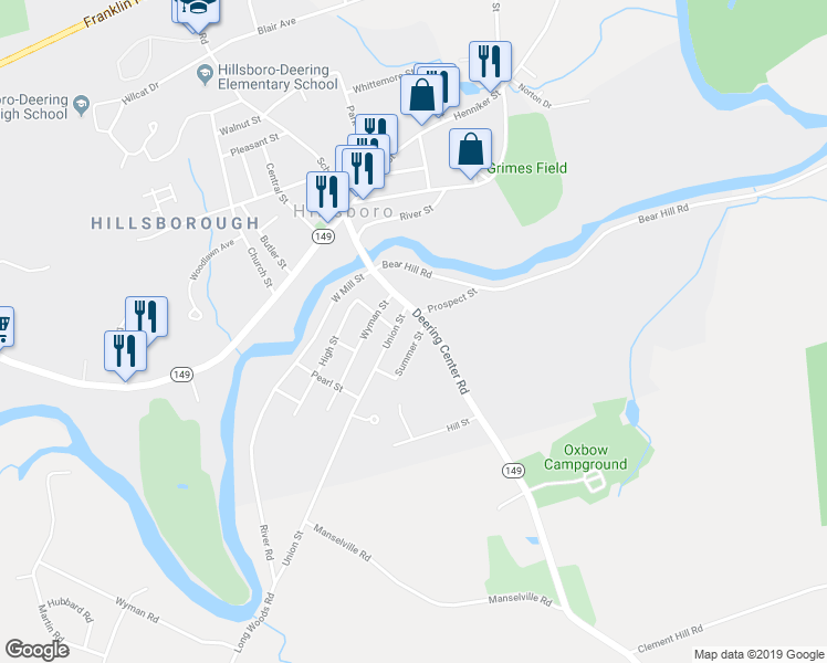 map of restaurants, bars, coffee shops, grocery stores, and more near 45 Bridge Street in Hillsboro