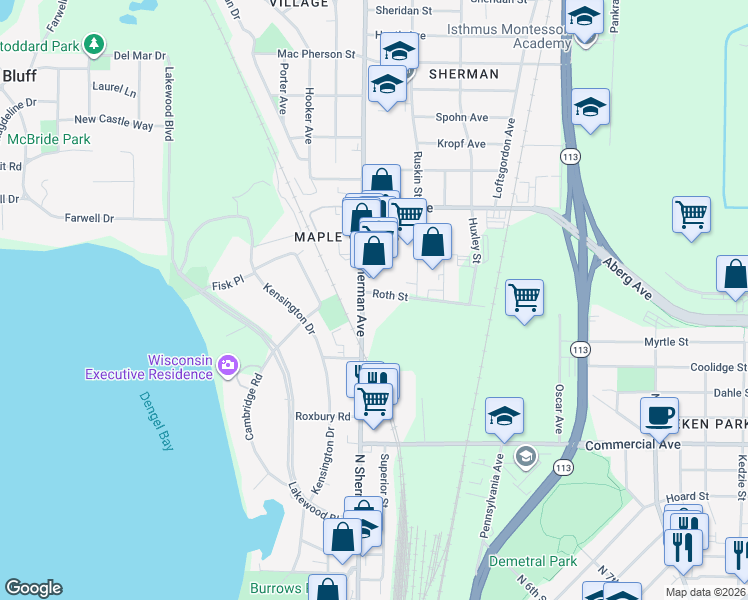 map of restaurants, bars, coffee shops, grocery stores, and more near 1100 North Sherman Avenue in Madison