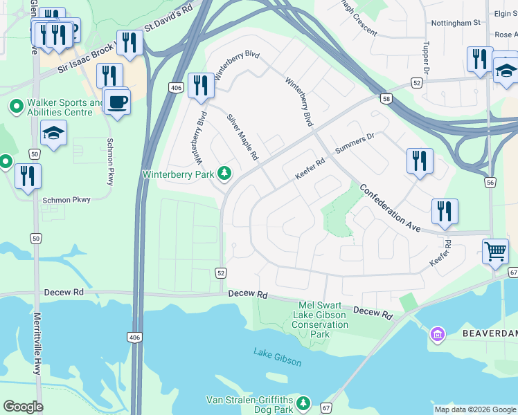 map of restaurants, bars, coffee shops, grocery stores, and more near 57 Keefer Road in Thorold
