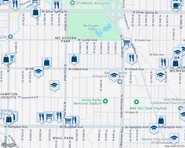 map of restaurants, bars, coffee shops, grocery stores, and more near 5167 North 47th Street in Milwaukee