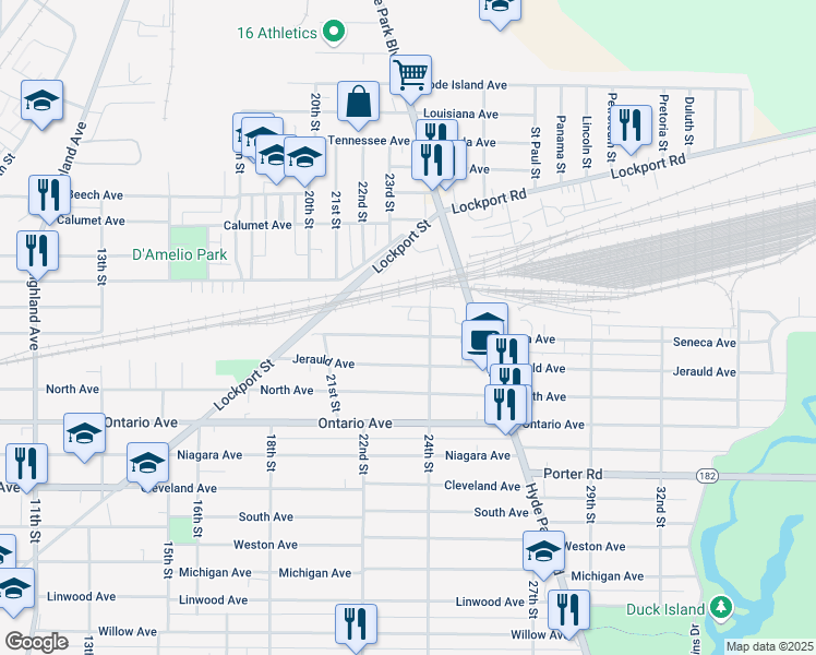 map of restaurants, bars, coffee shops, grocery stores, and more near 2168 Seneca Avenue in Niagara Falls