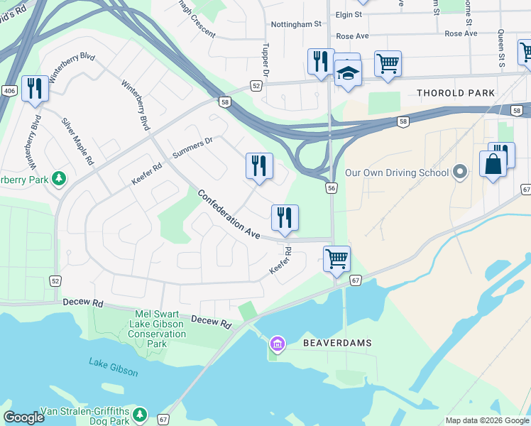 map of restaurants, bars, coffee shops, grocery stores, and more near 62 Devine Crescent in Thorold
