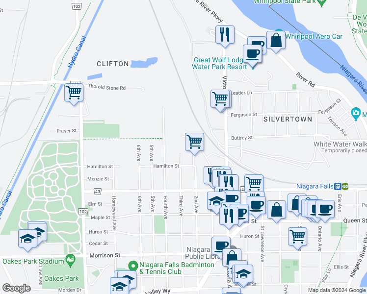map of restaurants, bars, coffee shops, grocery stores, and more near 4290 3rd Avenue in Niagara Falls