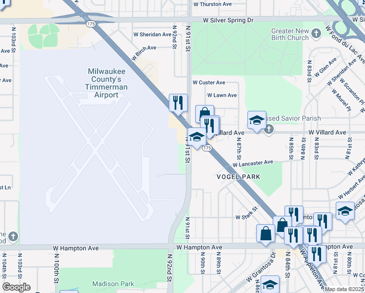 map of restaurants, bars, coffee shops, grocery stores, and more near 5145 North 91st Street in Milwaukee