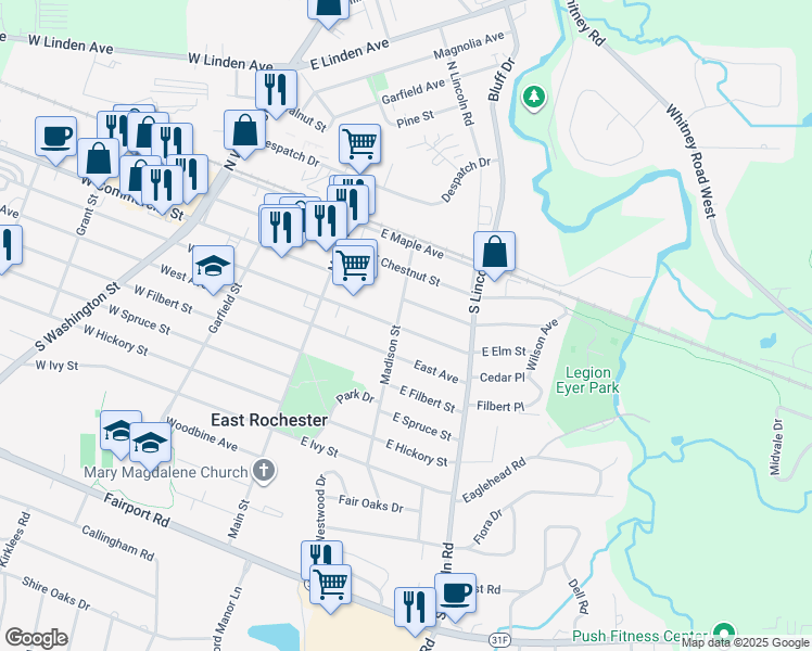 map of restaurants, bars, coffee shops, grocery stores, and more near 312 Madison St in East Rochester