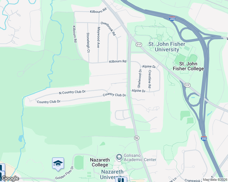 map of restaurants, bars, coffee shops, grocery stores, and more near 14 North Country Club Drive in Rochester