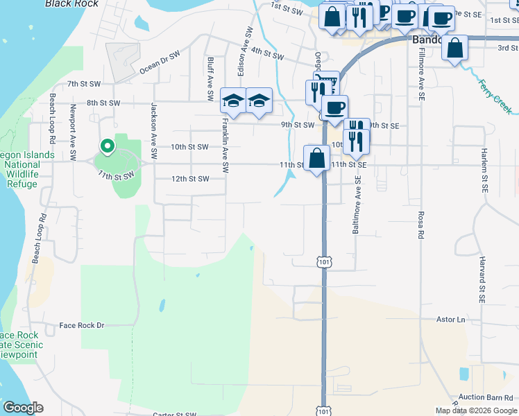 map of restaurants, bars, coffee shops, grocery stores, and more near 55087 Edison Avenue Southwest in Bandon