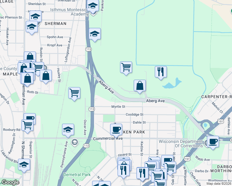 map of restaurants, bars, coffee shops, grocery stores, and more near Aberg Avenue in Madison