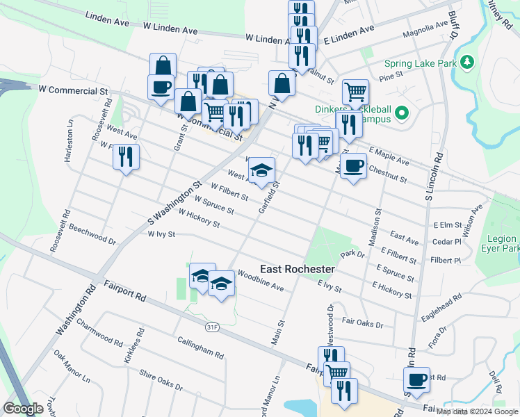 map of restaurants, bars, coffee shops, grocery stores, and more near 200 West Filbert Street in East Rochester