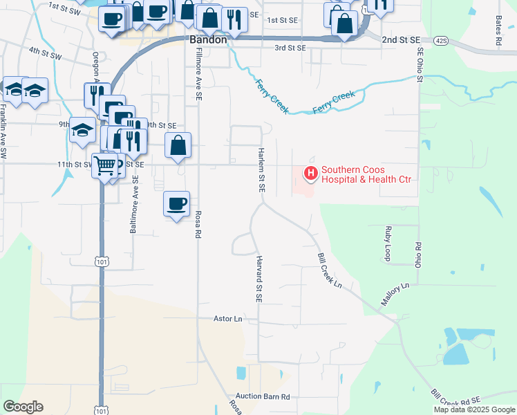 map of restaurants, bars, coffee shops, grocery stores, and more near 1520 Harvard Street Southeast in Bandon