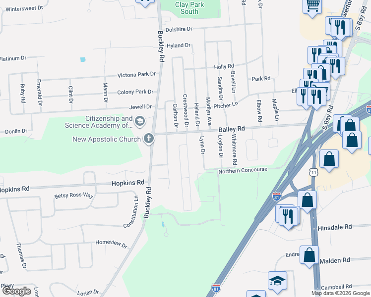 map of restaurants, bars, coffee shops, grocery stores, and more near 105 Orchard Drive East in Syracuse