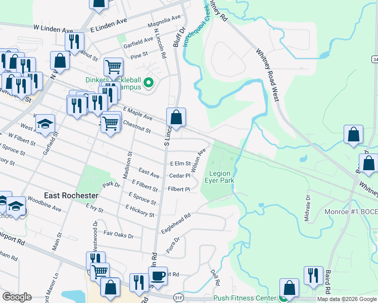 map of restaurants, bars, coffee shops, grocery stores, and more near 317 East Commercial Street in East Rochester
