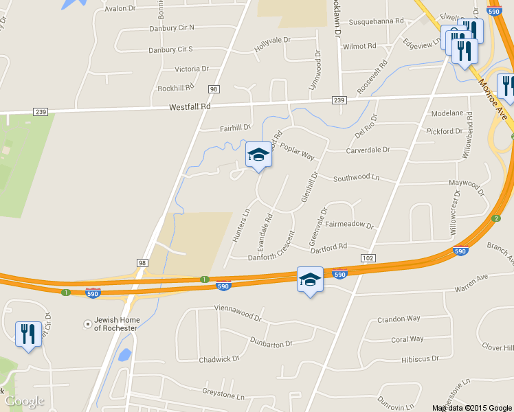 map of restaurants, bars, coffee shops, grocery stores, and more near 290 Idlewood Road in Rochester