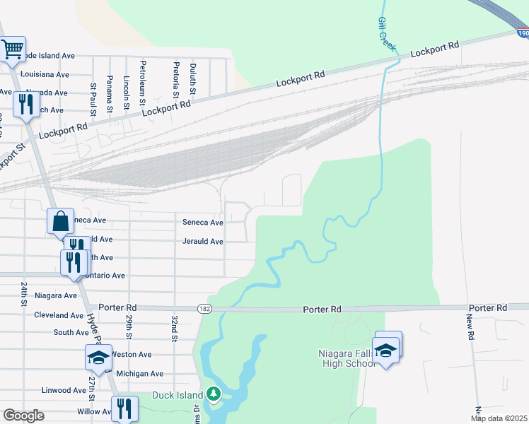 map of restaurants, bars, coffee shops, grocery stores, and more near 2547 Parkview Drive in Niagara Falls