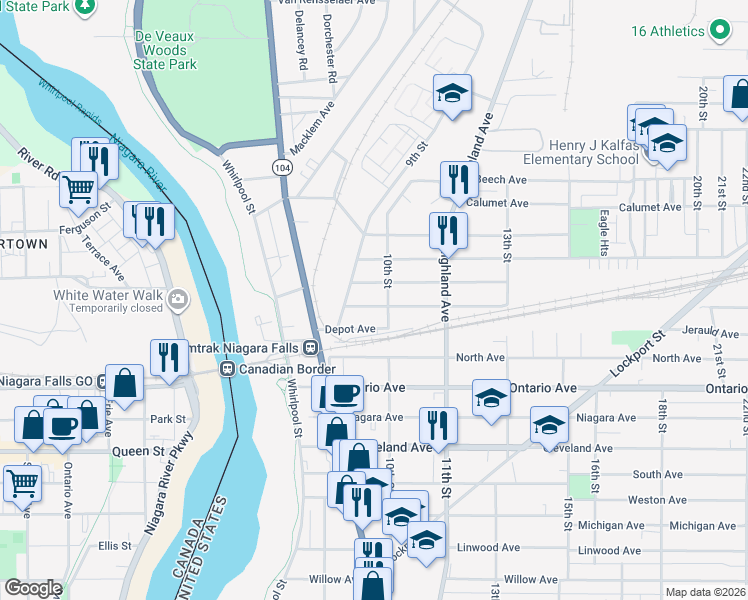map of restaurants, bars, coffee shops, grocery stores, and more near 2514 10th Street in Niagara Falls