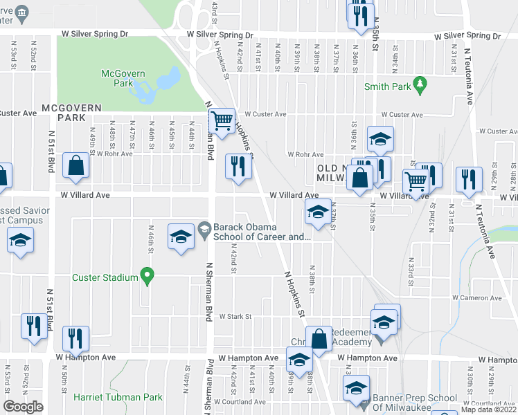 map of restaurants, bars, coffee shops, grocery stores, and more near 5190 North Hopkins Street in Milwaukee