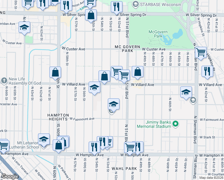 map of restaurants, bars, coffee shops, grocery stores, and more near 5209 West Villard Avenue in Milwaukee