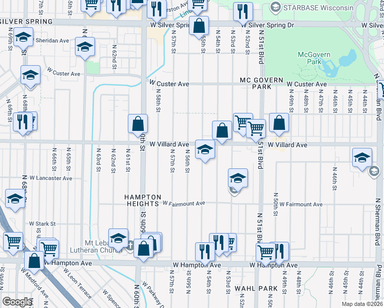 map of restaurants, bars, coffee shops, grocery stores, and more near 5162 North 56th Street in Milwaukee