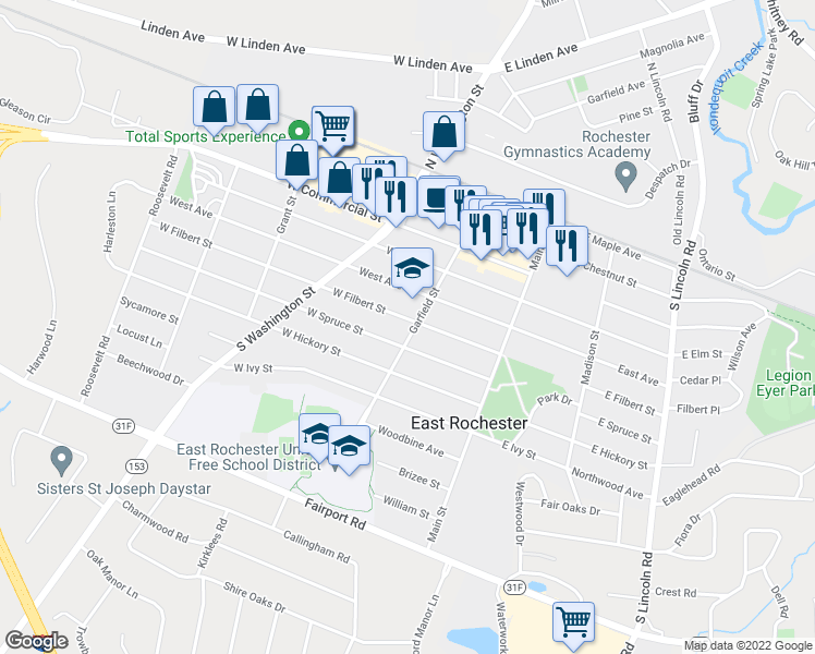 map of restaurants, bars, coffee shops, grocery stores, and more near 603 Garfield Street in East Rochester