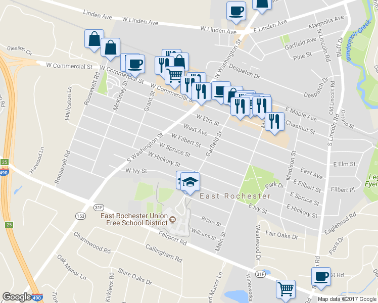 map of restaurants, bars, coffee shops, grocery stores, and more near 219 West Spruce Street in East Rochester