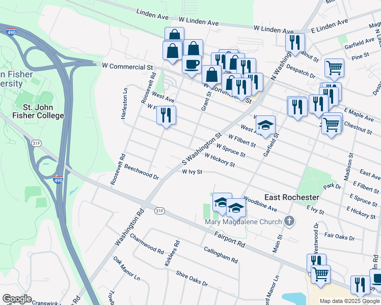 map of restaurants, bars, coffee shops, grocery stores, and more near 803 S Washington St in East Rochester