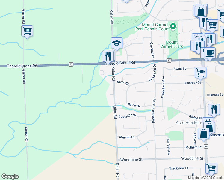 map of restaurants, bars, coffee shops, grocery stores, and more near 4197 Kalar Road in Niagara Falls