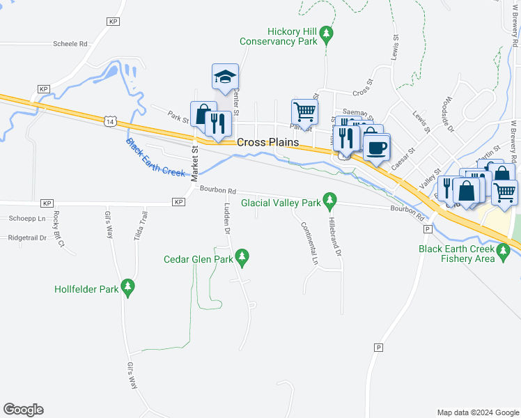 map of restaurants, bars, coffee shops, grocery stores, and more near 202 Pine Meadows Court in Cross Plains