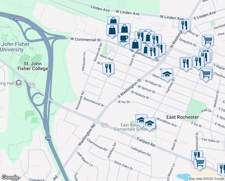 map of restaurants, bars, coffee shops, grocery stores, and more near 27 Dellwood Dr in East Rochester