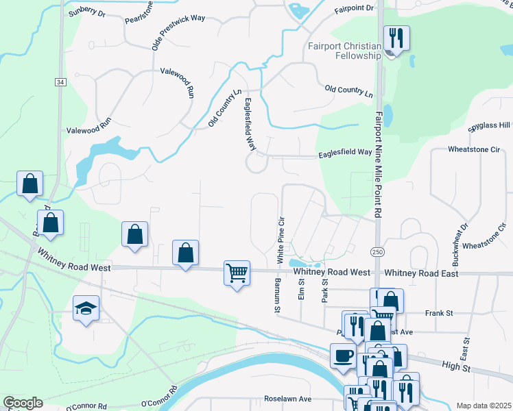 map of restaurants, bars, coffee shops, grocery stores, and more near 27 Edendery Circle in Fairport