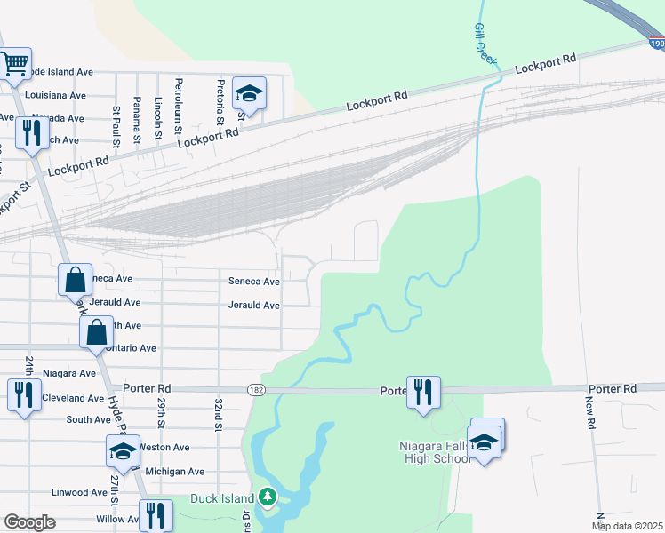 map of restaurants, bars, coffee shops, grocery stores, and more near 2547 Parkview Drive in Niagara Falls
