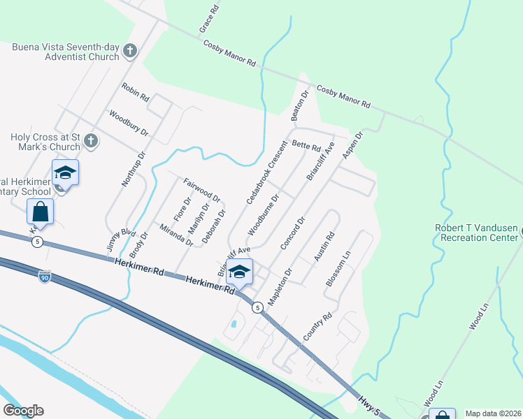 map of restaurants, bars, coffee shops, grocery stores, and more near 417 Woodburne Drive in Utica