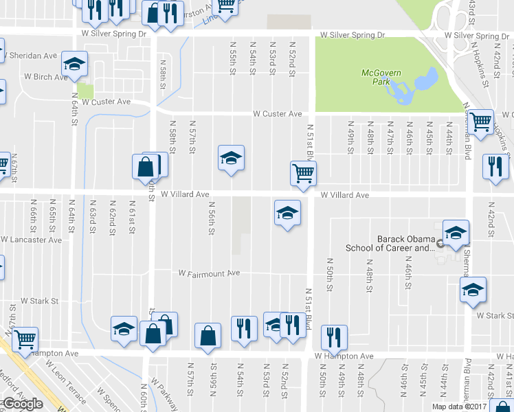 map of restaurants, bars, coffee shops, grocery stores, and more near 5158 North 54th Street in Milwaukee