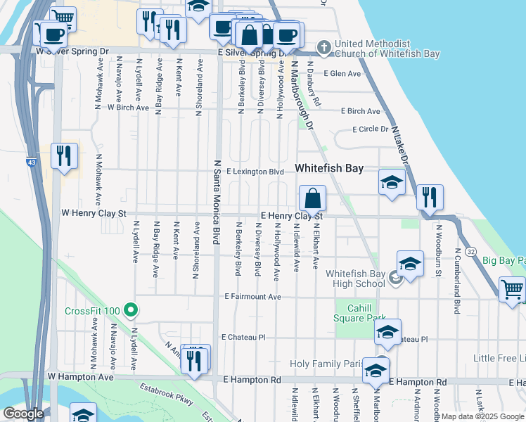 map of restaurants, bars, coffee shops, grocery stores, and more near 5200 North Diversey Boulevard in Whitefish Bay