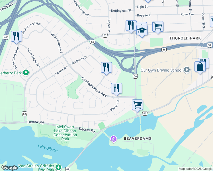 map of restaurants, bars, coffee shops, grocery stores, and more near 44 Devine Crescent in Thorold