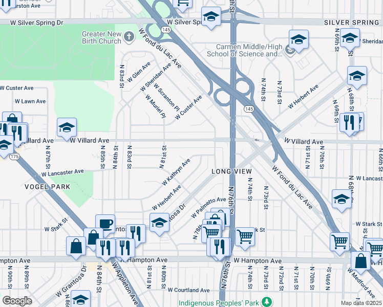 map of restaurants, bars, coffee shops, grocery stores, and more near 7822 West Kathryn Avenue in Milwaukee