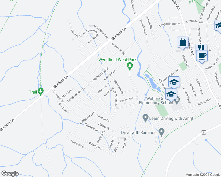map of restaurants, bars, coffee shops, grocery stores, and more near 12 Ladd Avenue in Brantford