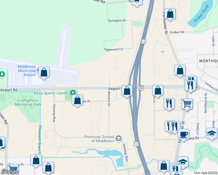 map of restaurants, bars, coffee shops, grocery stores, and more near 8108 Airport Road in Middleton