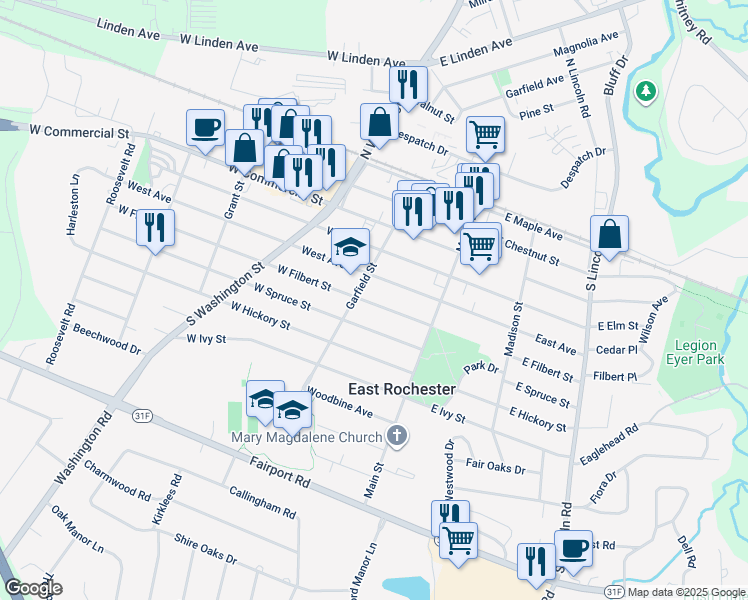 map of restaurants, bars, coffee shops, grocery stores, and more near 135 West Filbert Street in East Rochester