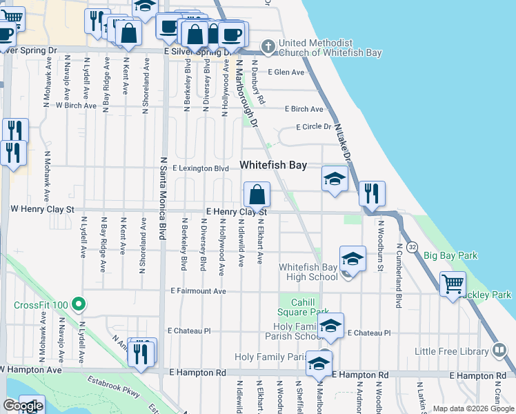 map of restaurants, bars, coffee shops, grocery stores, and more near 730 East Henry Clay Street in Whitefish Bay
